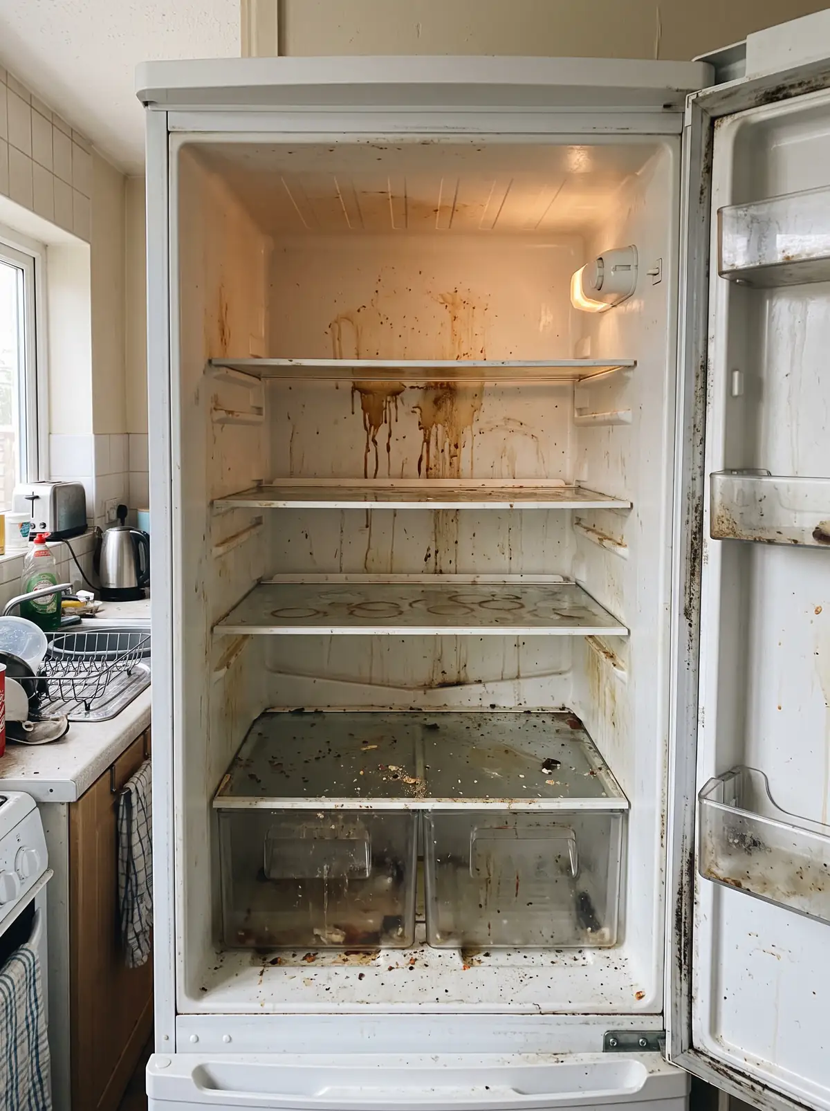 A fridge before and after cleaning.