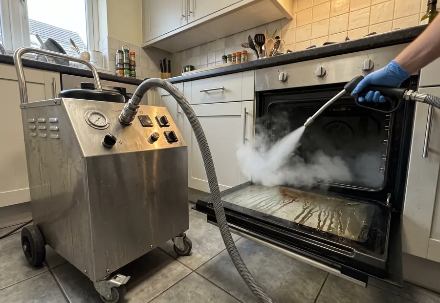 A commercial steam cleaning machine on castors, lance jetting steam into an oven.